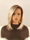 Peruka ”Mia” Lace Front, kolor blond ombre z refleksami, fryzura Long Bob z grzywką na prawą stronę, damska syntetyczna - termi