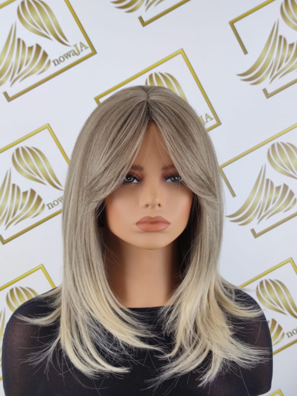 Peruka ”Aga” kolor beżowy blond ombre, fryzura włosy długie proste z grzywką, damska syntetyczna - termiczna - obrazek 3