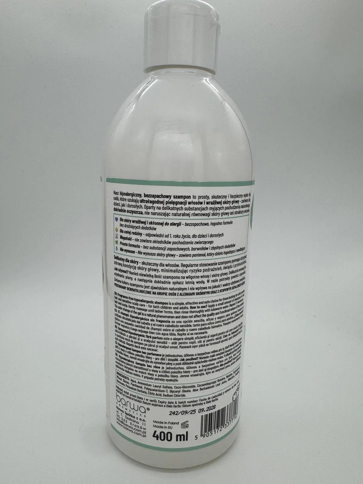 Hipoalergiczny szampon bezzapachowy 400 ml - obrazek 2